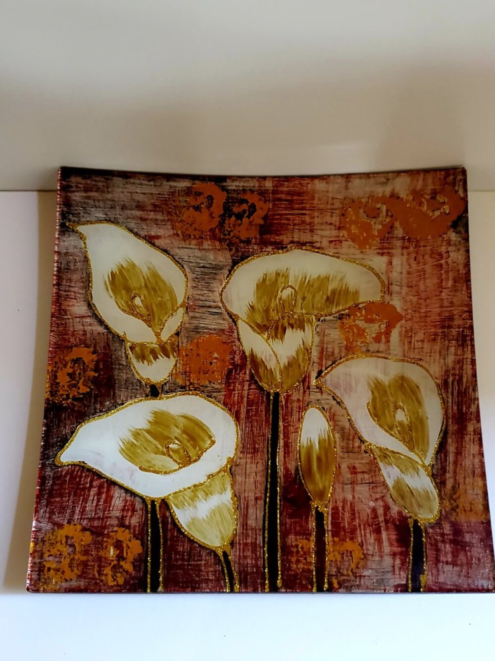 Square Art Glass Tray Dish White Calla Lillies Motif Shimmery Warm Brown Hues